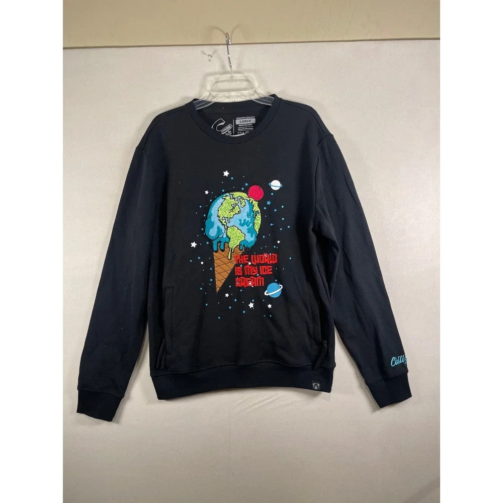 Civilized Mens Black Ice Cream Earth Graphic Crewneck Sweatshirt CV2205 Large‎
